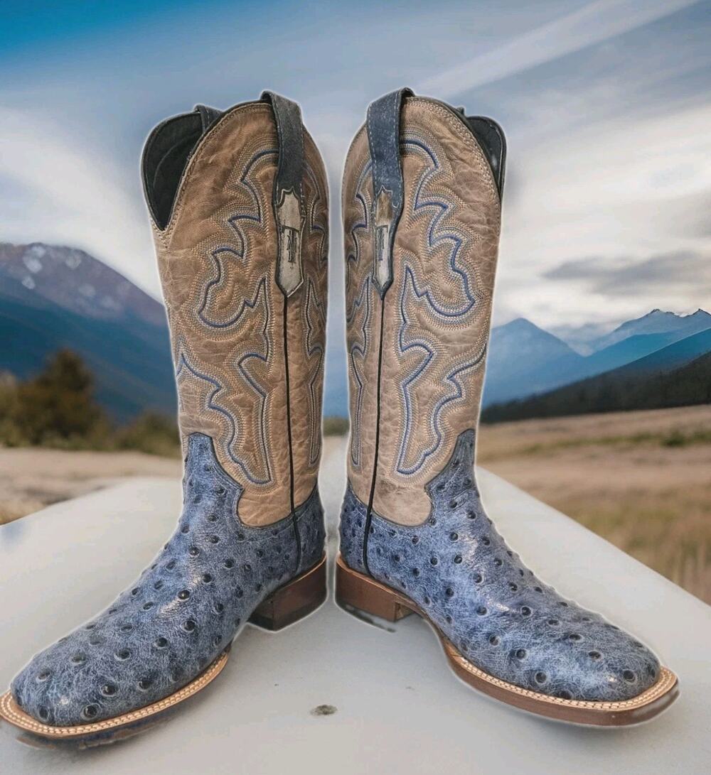 New Tanner Mark Women's 6.5 Bluebonnet Ostrich Print Square Toe Boots Blue Denim